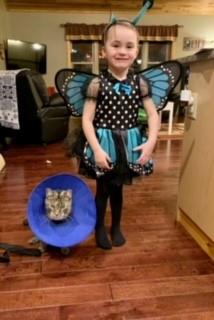 Amelia as the Beautiful Blue Butterfly (and the kitty that got hurt chasing it)